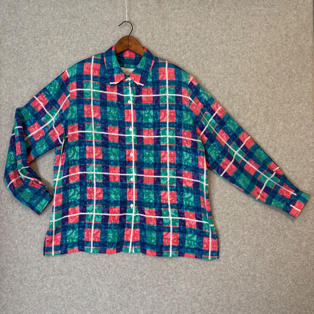 Vintage 80s Da-Rue of California Teal‎ Blue Coral Blouse Women's 16 Button Down